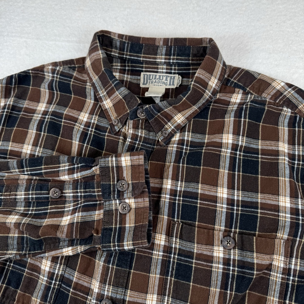Duluth Trading Co Shirt Mens Size 2XLT Brown Plaid Flannel Long Sleeve Button Up